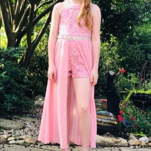 Glitter lace romper with pink chiffon maxi length